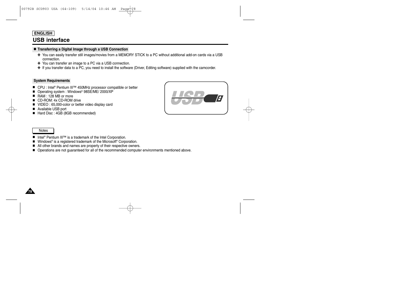 Usb interface, System requirements | Samsung SC-D903-XAC User Manual | Page 82 / 114