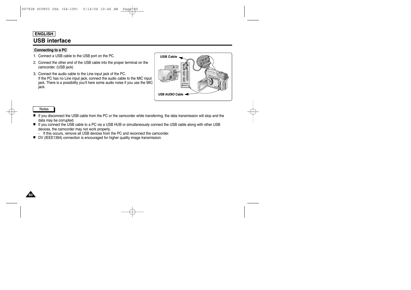 Connecting to a pc, Dv usb, Usb interface | Samsung SC-D903-XAC User Manual | Page 84 / 114