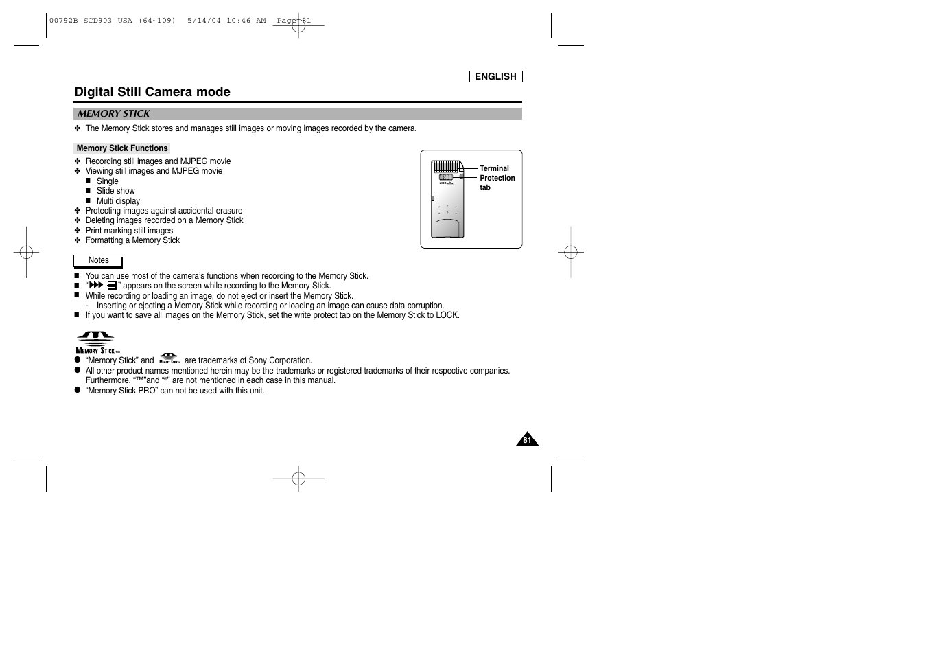 Digital still camera mode, Memory stick, Memory stick functions | Samsung SC-D903-XAC User Manual | Page 85 / 114