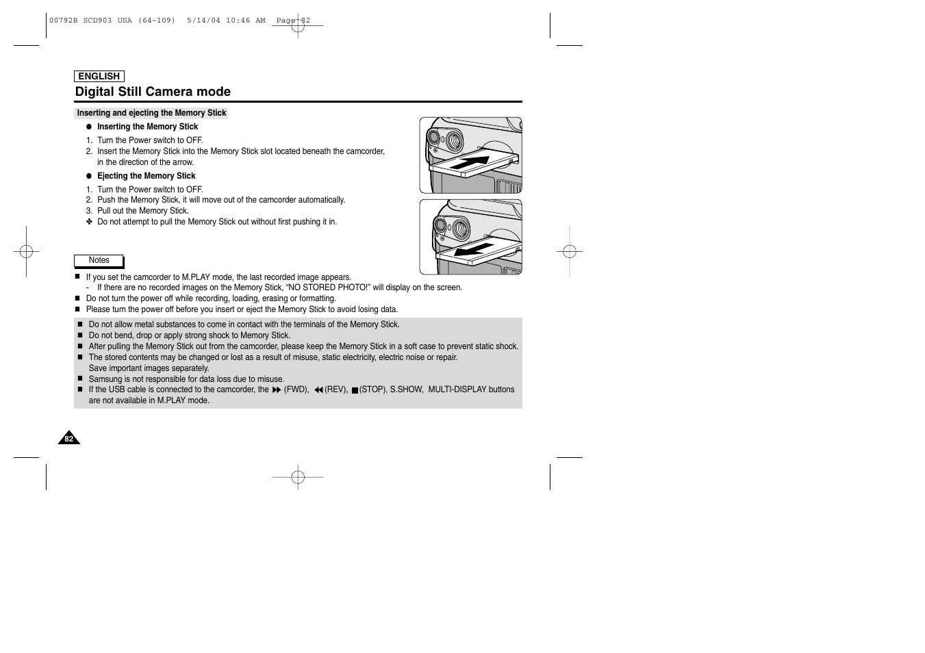 Inserting and ejecting the memory stick, Digital still camera mode | Samsung SC-D903-XAC User Manual | Page 86 / 114