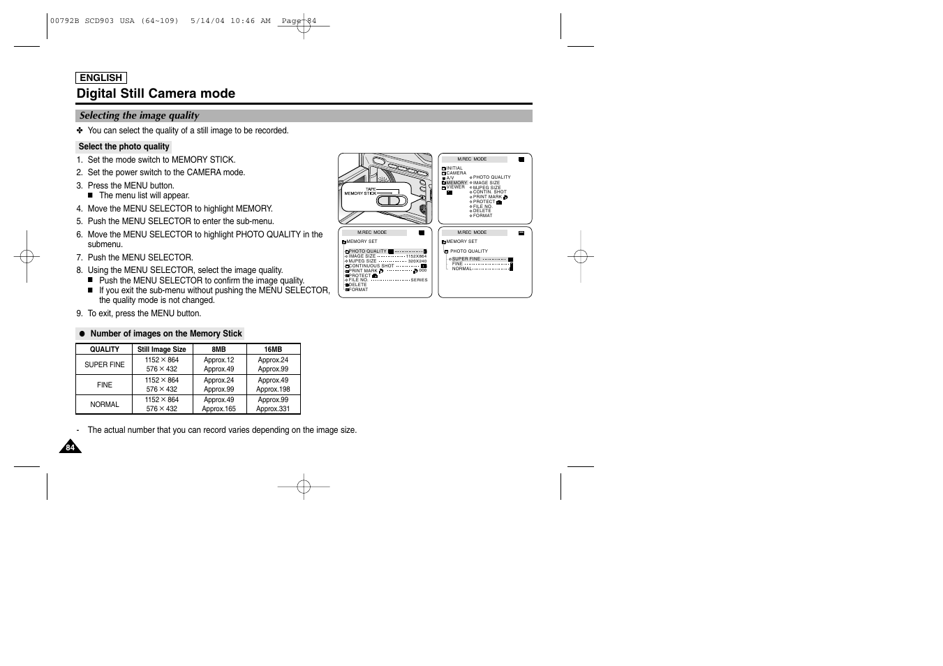 Selecting the image quality, Select the photo quality, Number of images on the memory stick | Digital still camera mode | Samsung SC-D903-XAC User Manual | Page 88 / 114