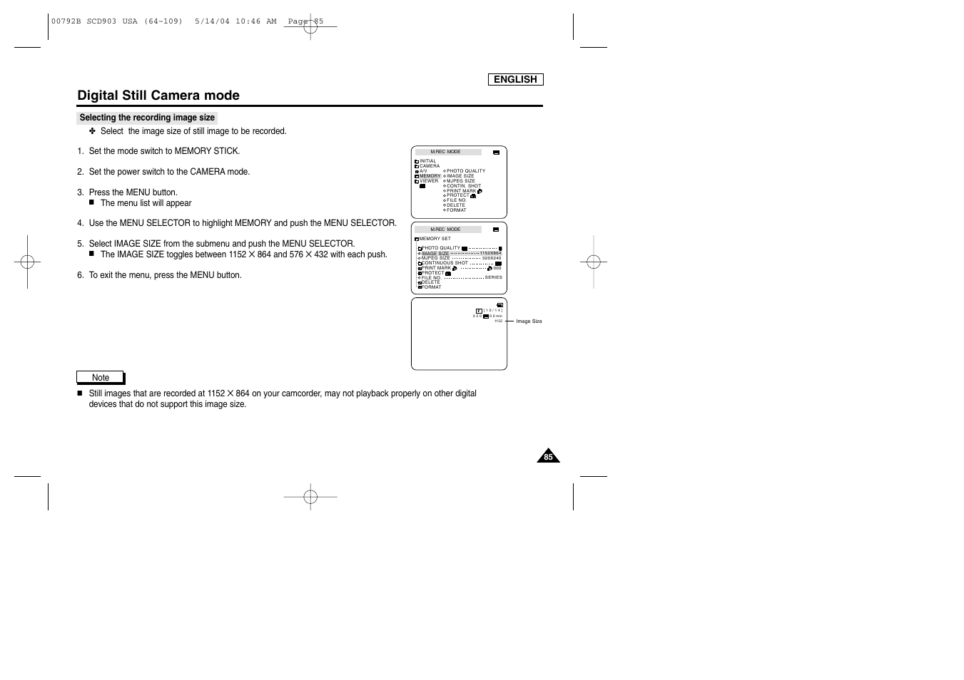 Selecting the recording image size, Digital still camera mode | Samsung SC-D903-XAC User Manual | Page 89 / 114