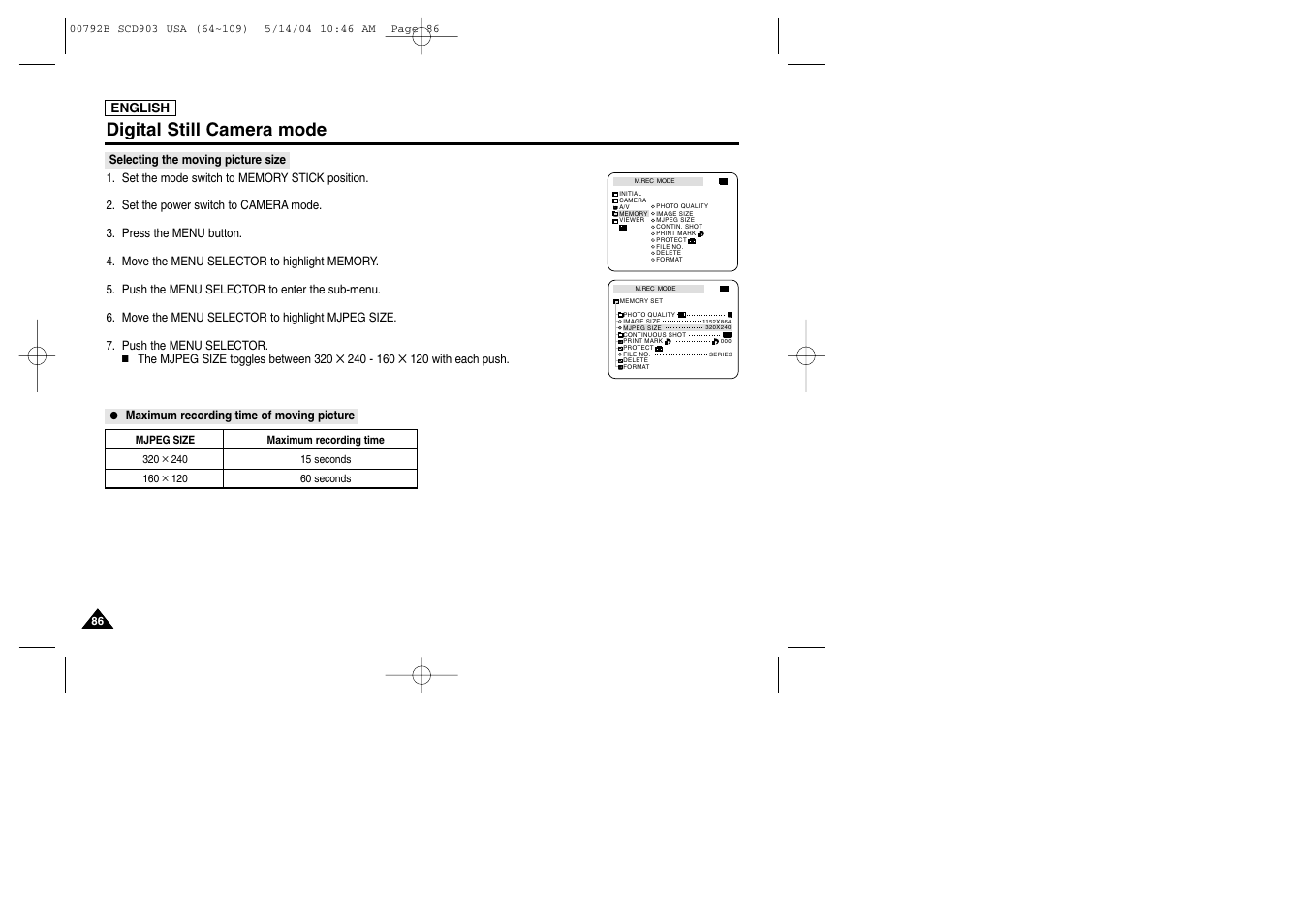 Selecting the moving picture size, Digital still camera mode | Samsung SC-D903-XAC User Manual | Page 90 / 114