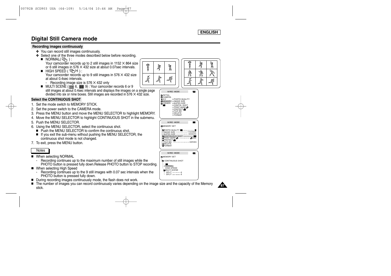 Recording images continuously, Select the continuous shot, Digital still camera mode | Samsung SC-D903-XAC User Manual | Page 91 / 114