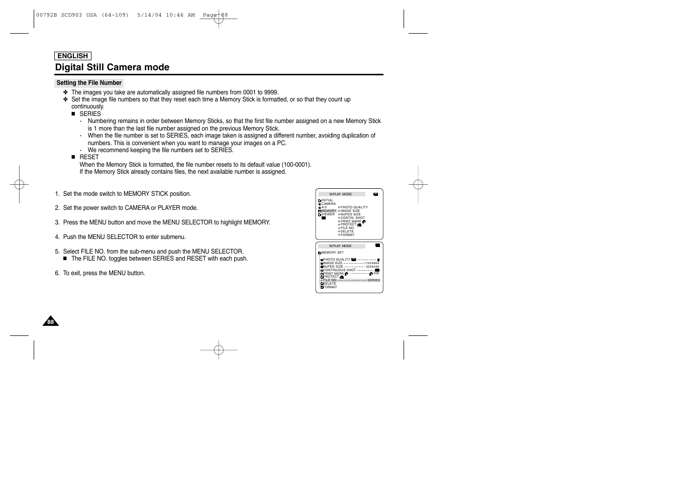 Setting the file number, Digital still camera mode | Samsung SC-D903-XAC User Manual | Page 92 / 114