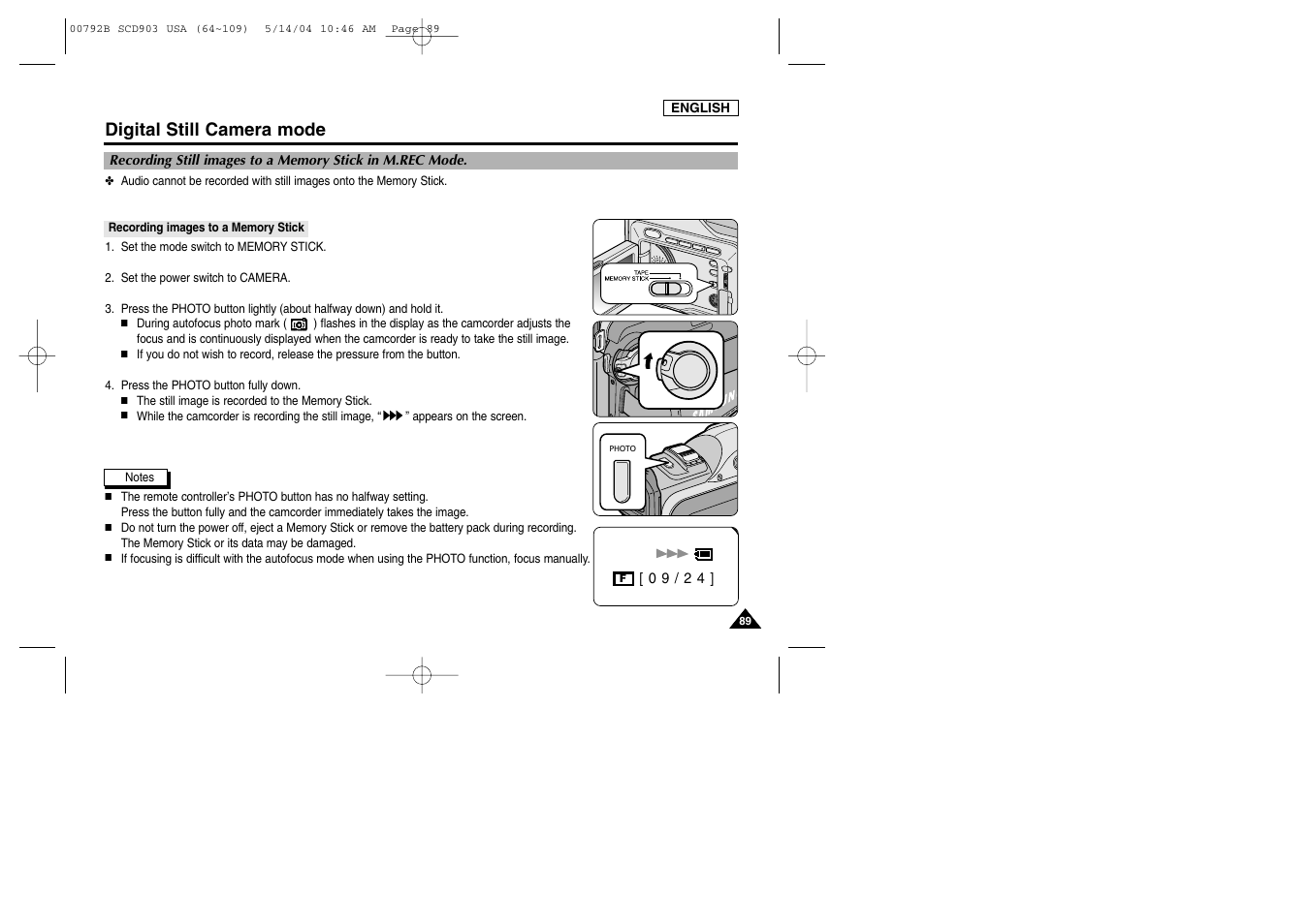 Recording images to a memory stick, Digital still camera mode | Samsung SC-D903-XAC User Manual | Page 93 / 114