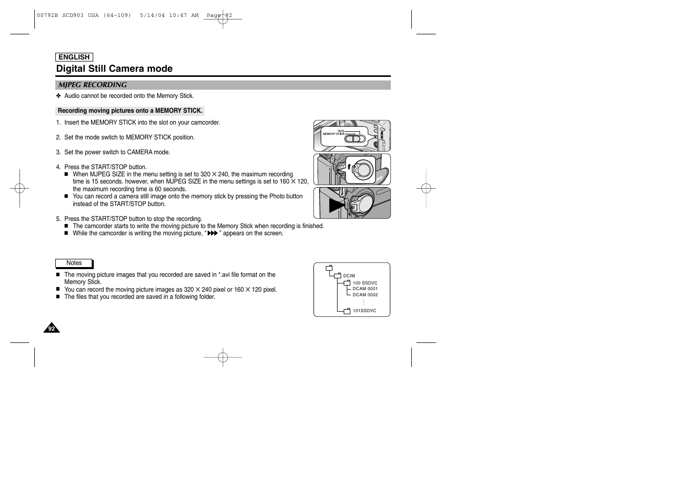 Mjpeg recording, Recording moving pictures onto a memory stick, Digital still camera mode | Samsung SC-D903-XAC User Manual | Page 96 / 114