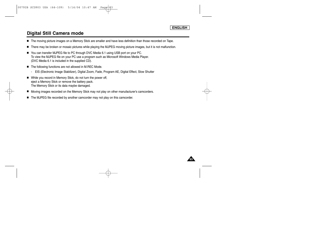 Digital still camera mode | Samsung SC-D903-XAC User Manual | Page 97 / 114