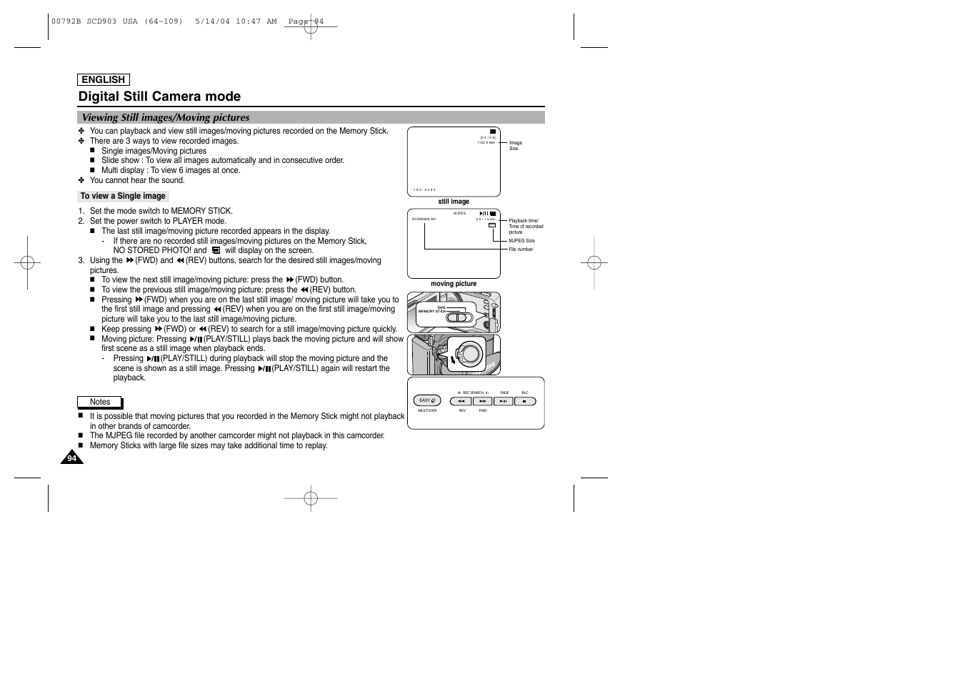 Viewing still images/moving pictures, To view a single image, Digital still camera mode | Samsung SC-D903-XAC User Manual | Page 98 / 114