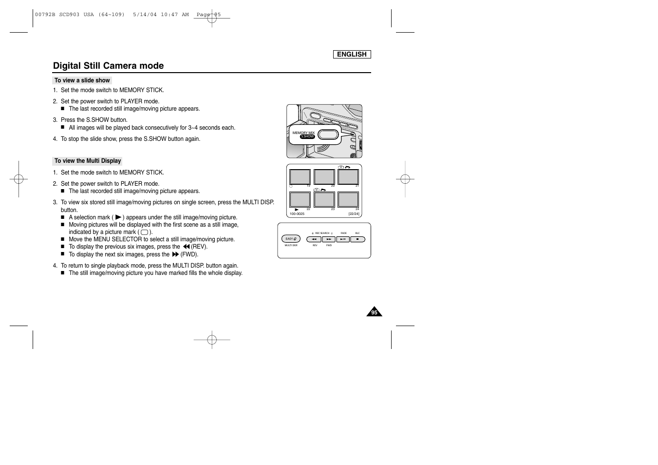 To view a slide show, To view the multi display, Digital still camera mode | Samsung SC-D903-XAC User Manual | Page 99 / 114