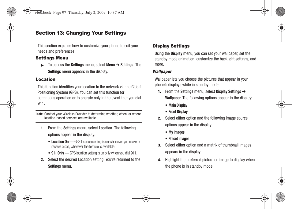 Section 13: changing your settings, Settings menu, Location | Display settings, Settings menu location display settings | Samsung SCH-R460NBAXAR User Manual | Page 100 / 148