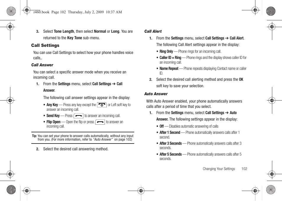 Call settings, For more information, refer to “call settings | Samsung SCH-R460NBAXAR User Manual | Page 105 / 148