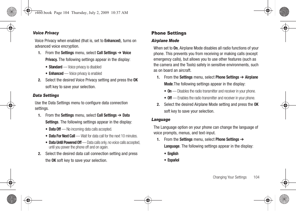 Phone settings | Samsung SCH-R460NBAXAR User Manual | Page 107 / 148