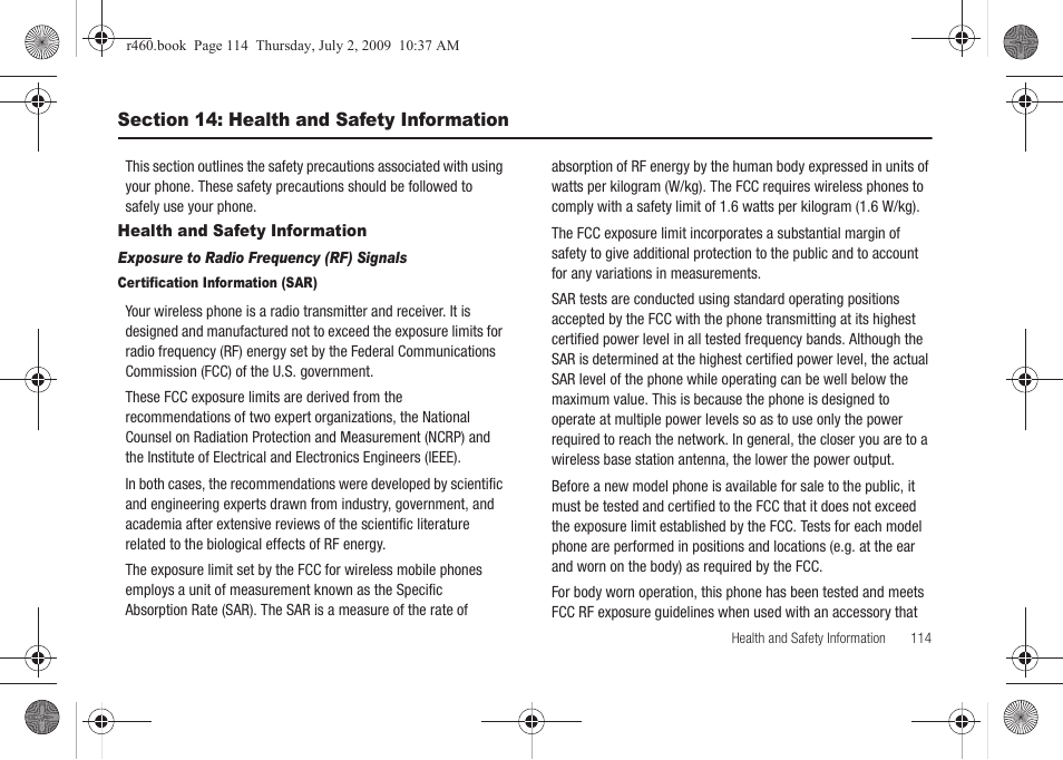 Section 14: health and safety information, Health and safety information | Samsung SCH-R460NBAXAR User Manual | Page 117 / 148