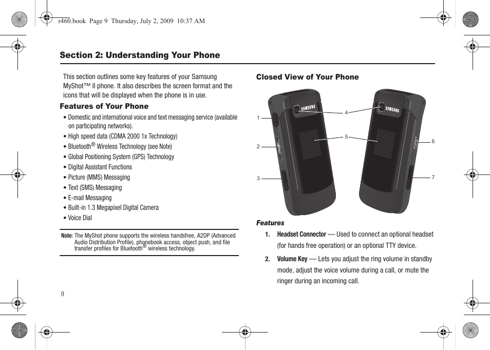Section 2: understanding your phone, Features of your phone, Closed view of your phone | Features of your phone closed view of your phone | Samsung SCH-R460NBAXAR User Manual | Page 12 / 148