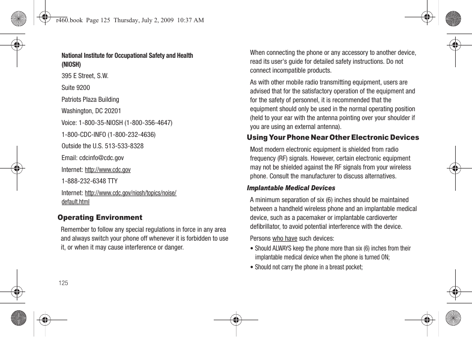 Operating environment, Using your phone near other electronic devices | Samsung SCH-R460NBAXAR User Manual | Page 128 / 148