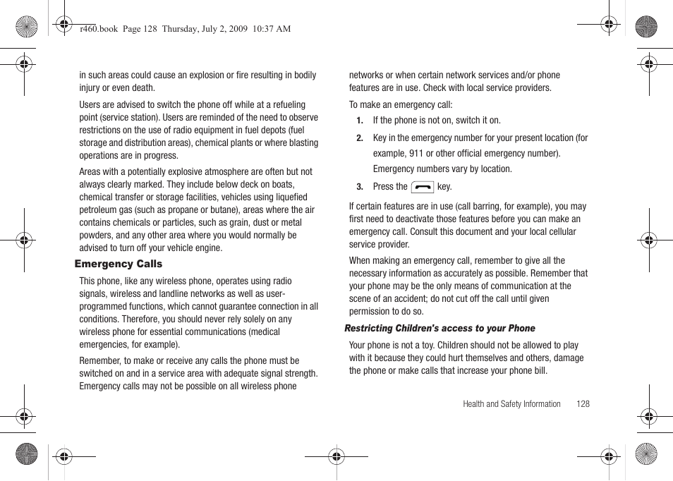 Emergency calls | Samsung SCH-R460NBAXAR User Manual | Page 131 / 148