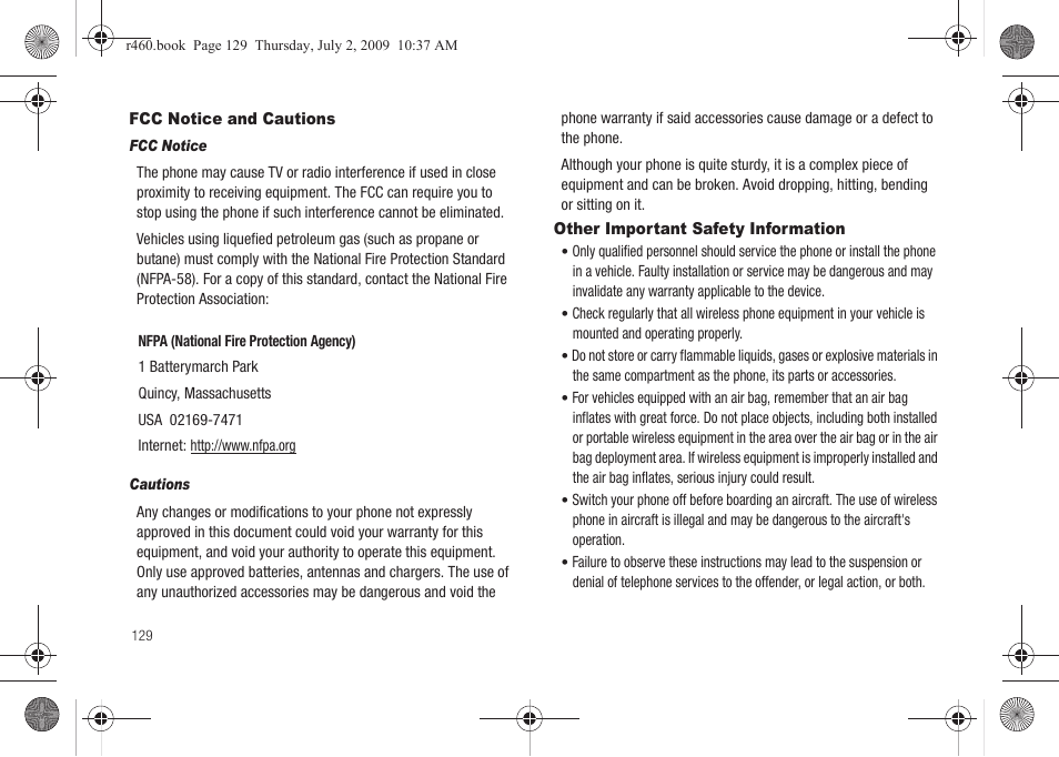 Fcc notice and cautions, Other important safety information | Samsung SCH-R460NBAXAR User Manual | Page 132 / 148