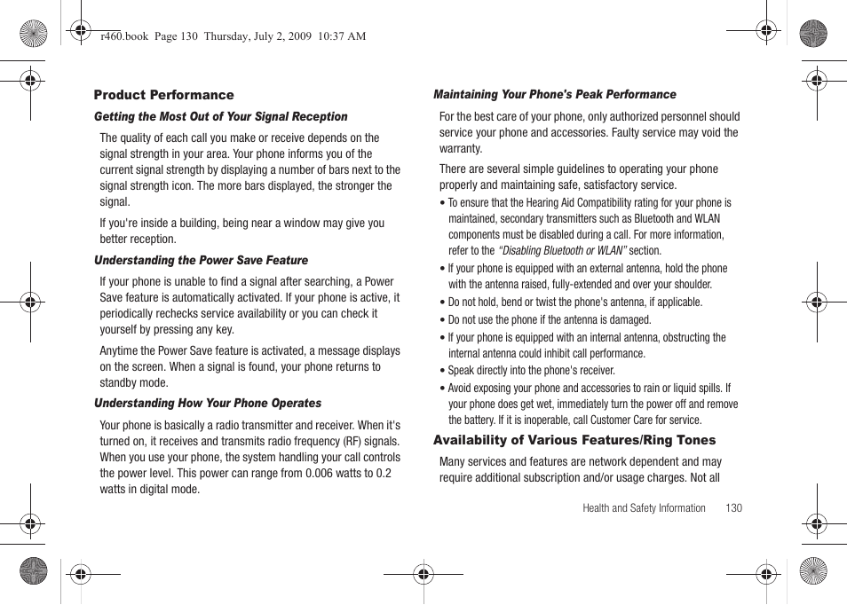 Product performance, Availability of various features/ring tones | Samsung SCH-R460NBAXAR User Manual | Page 133 / 148