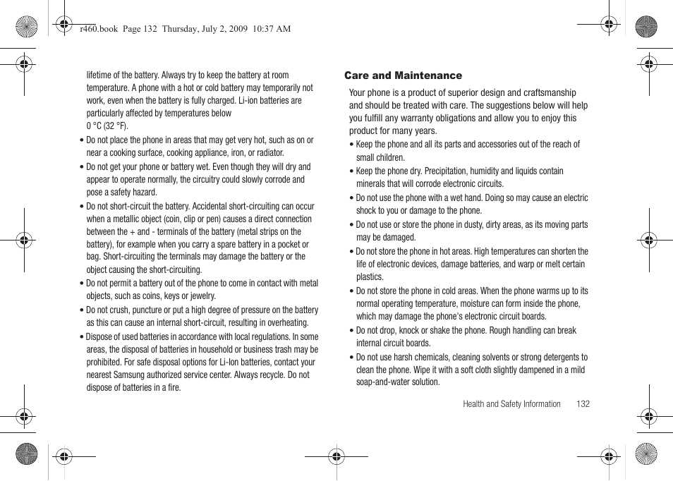 Care and maintenance | Samsung SCH-R460NBAXAR User Manual | Page 135 / 148