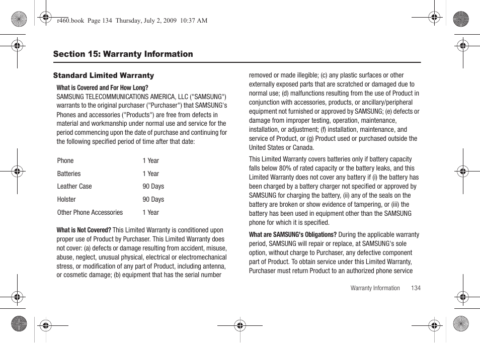 Section 15: warranty information, Standard limited warranty | Samsung SCH-R460NBAXAR User Manual | Page 137 / 148