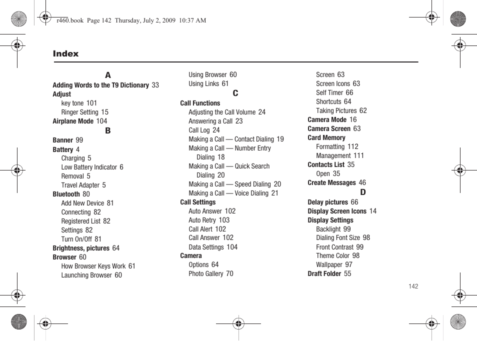 Index | Samsung SCH-R460NBAXAR User Manual | Page 145 / 148