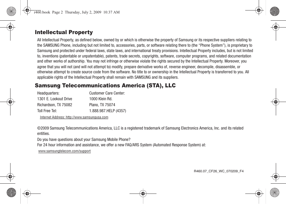 Intellectual property, Samsung telecommunications america (sta), llc | Samsung SCH-R460NBAXAR User Manual | Page 2 / 148