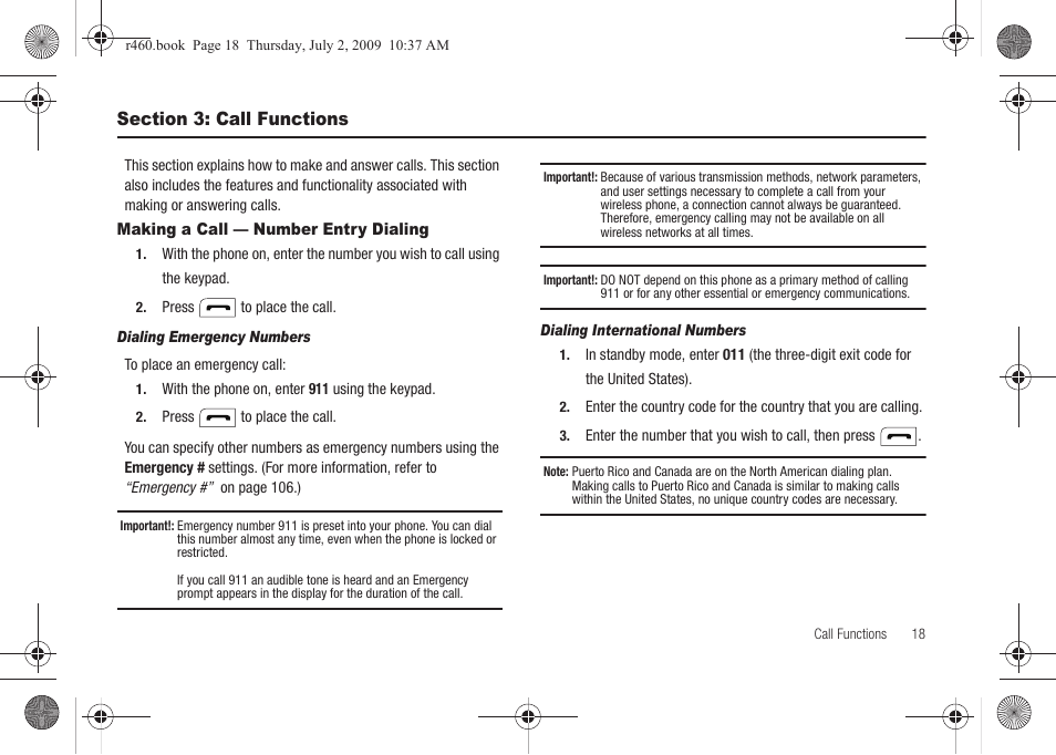 Section 3: call functions, Making a call — number entry dialing | Samsung SCH-R460NBAXAR User Manual | Page 21 / 148