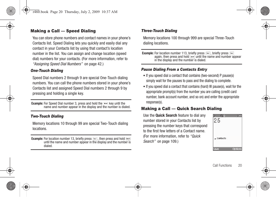 Making a call — speed dialing, Making a call — quick search dialing | Samsung SCH-R460NBAXAR User Manual | Page 23 / 148