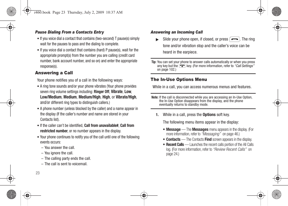 Answering a call, The in-use options menu, Answering a call the in-use options menu | Samsung SCH-R460NBAXAR User Manual | Page 26 / 148