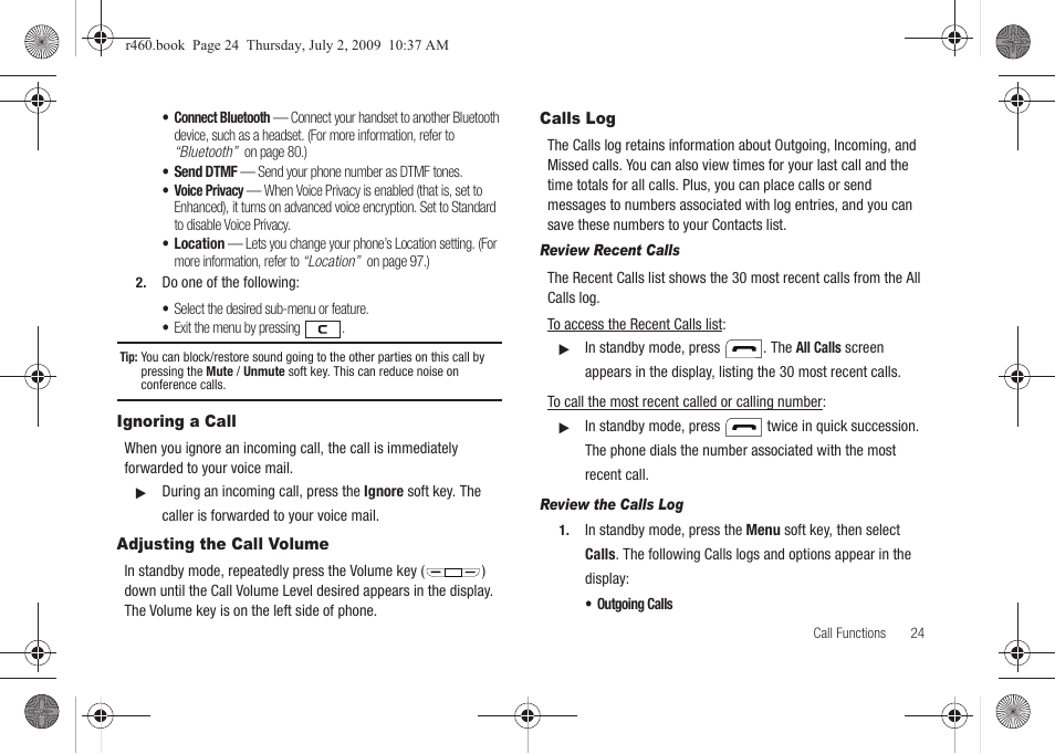 Ignoring a call, Adjusting the call volume, Calls log | Samsung SCH-R460NBAXAR User Manual | Page 27 / 148