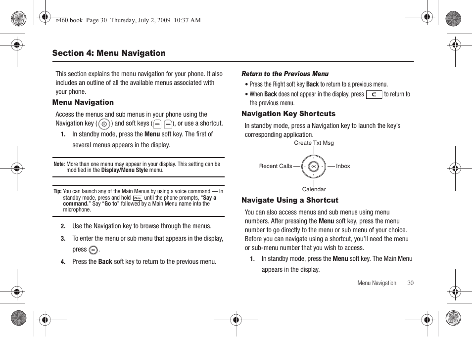 Section 4: menu navigation, Menu navigation, Navigation key shortcuts | Navigate using a shortcut | Samsung SCH-R460NBAXAR User Manual | Page 33 / 148