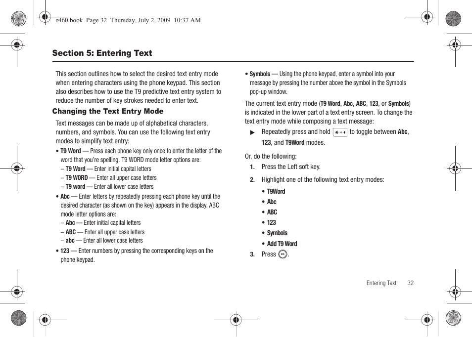Section 5: entering text, Changing the text entry mode, Me. (for | Samsung SCH-R460NBAXAR User Manual | Page 35 / 148
