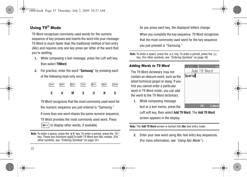 Using t9® mode | Samsung SCH-R460NBAXAR User Manual | Page 36 / 148