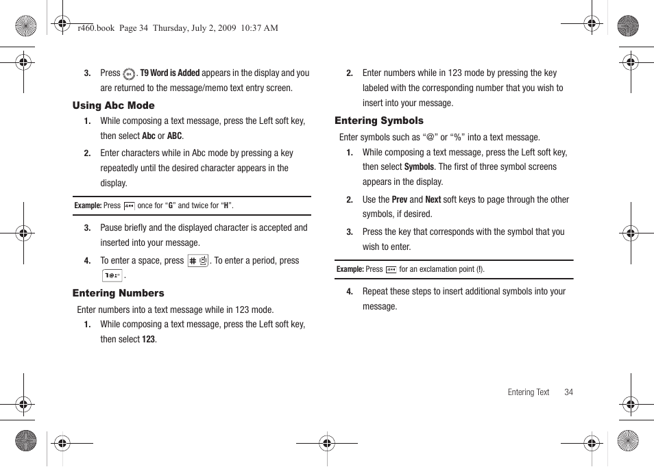 Using abc mode, Entering numbers, Entering symbols | Using abc mode entering numbers entering symbols | Samsung SCH-R460NBAXAR User Manual | Page 37 / 148
