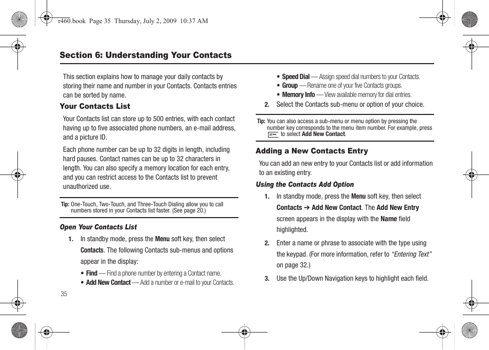 Section 6: understanding your contacts, Your contacts list, Adding a new contacts entry | Your contacts list adding a new contacts entry, For more information, refer to “understanding your | Samsung SCH-R460NBAXAR User Manual | Page 38 / 148