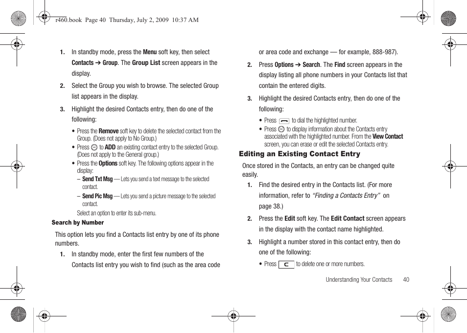 Editing an existing contact entry, See “editing an existing contact | Samsung SCH-R460NBAXAR User Manual | Page 43 / 148
