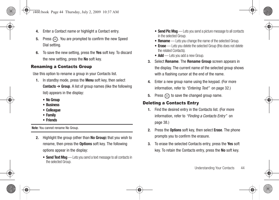 Renaming a contacts group, Deleting a contacts entry | Samsung SCH-R460NBAXAR User Manual | Page 47 / 148
