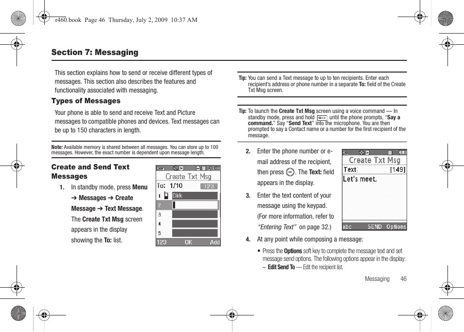 Section 7: messaging, Types of messages, Create and send text messages | Types of messages create and send text messages | Samsung SCH-R460NBAXAR User Manual | Page 49 / 148