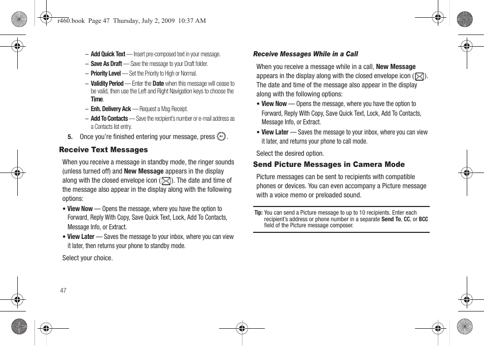 Receive text messages, Send picture messages in camera mode | Samsung SCH-R460NBAXAR User Manual | Page 50 / 148