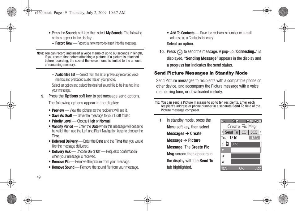 Send picture messages in standby mode | Samsung SCH-R460NBAXAR User Manual | Page 52 / 148