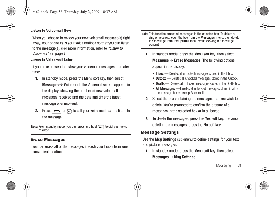 Erase messages, Message settings, Erase messages message settings | Samsung SCH-R460NBAXAR User Manual | Page 61 / 148