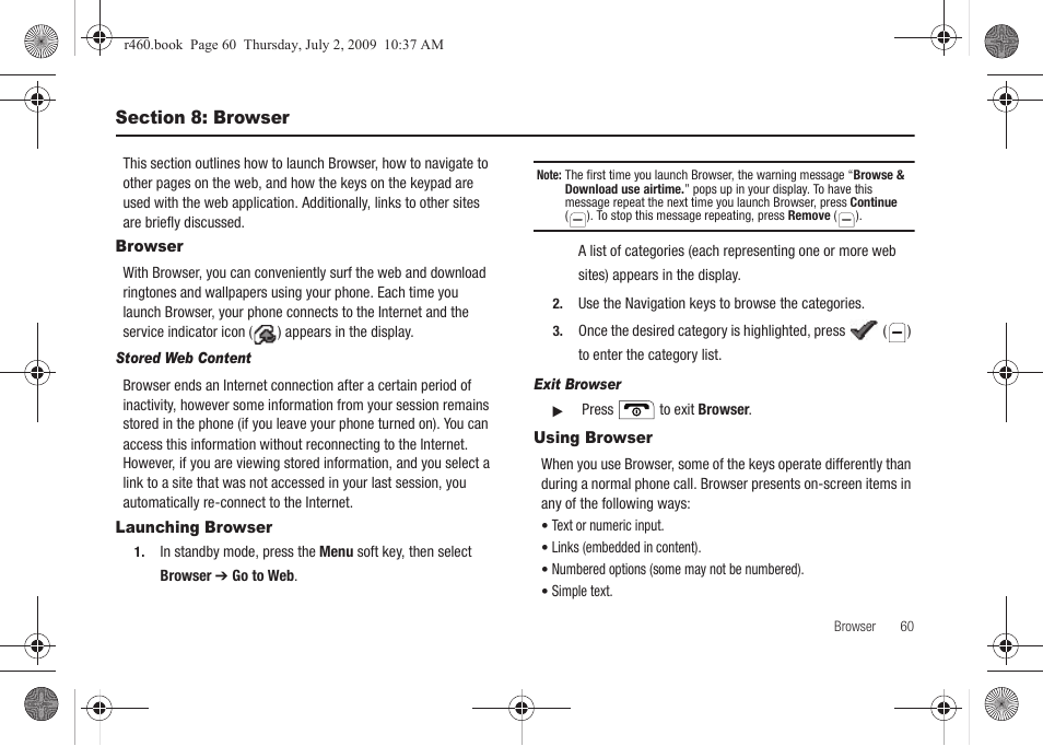 Section 8: browser, Browser, Launching browser | Using browser, Browser launching browser using browser | Samsung SCH-R460NBAXAR User Manual | Page 63 / 148