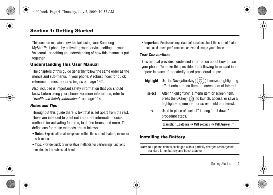 Section 1: getting started, Understanding this user manual, Installing the battery | Samsung SCH-R460NBAXAR User Manual | Page 7 / 148