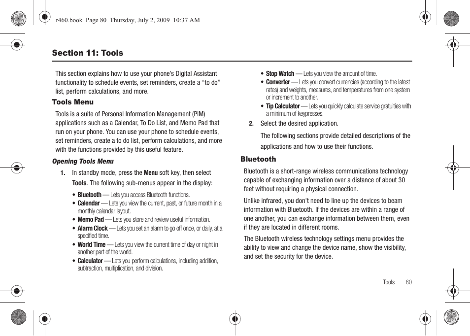 Section 11: tools, Tools menu, Bluetooth | Tools menu bluetooth | Samsung SCH-R460NBAXAR User Manual | Page 83 / 148
