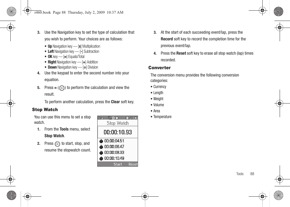 Stop watch, Converter, Stop watch converter | Samsung SCH-R460NBAXAR User Manual | Page 91 / 148