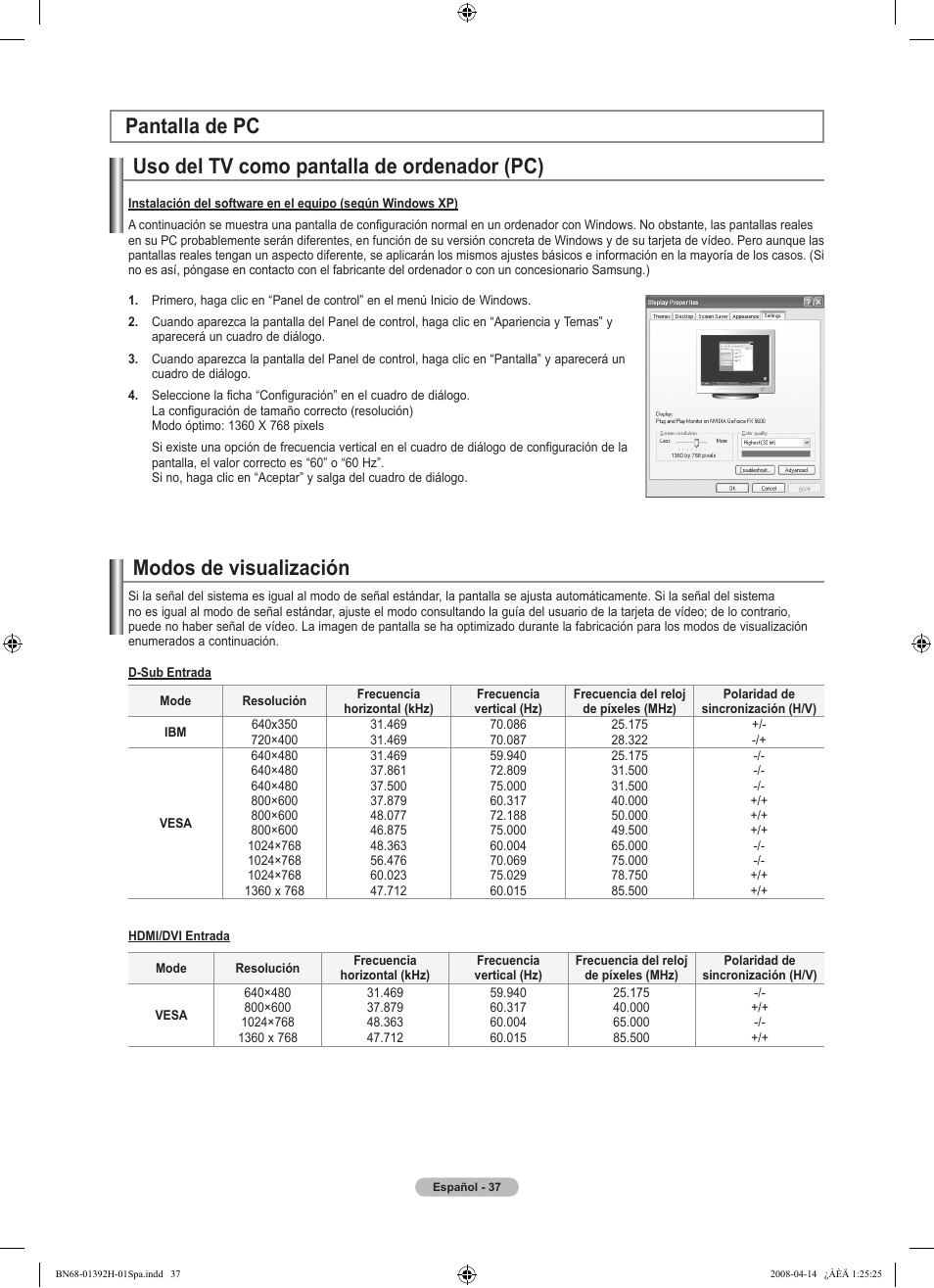 Uso del tv como pantalla de ordenador (pc), Modos de visualización pantalla de pc | Samsung LN32A540P2DXZA User Manual | Page 107 / 137