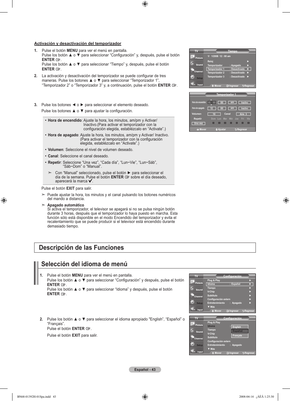 Selección del idioma de menú, Descripción de las funciones | Samsung LN32A540P2DXZA User Manual | Page 113 / 137