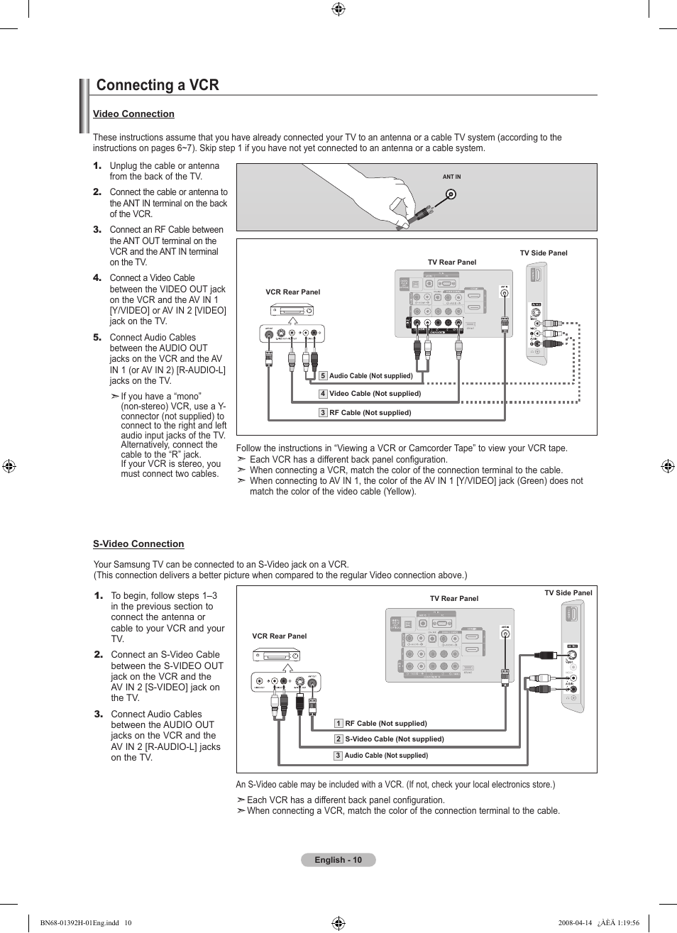 Connecting a vcr | Samsung LN32A540P2DXZA User Manual | Page 12 / 137