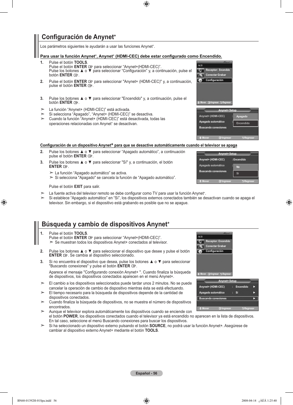 Configuración de anynet, Búsqueda y cambio de dispositivos anynet | Samsung LN32A540P2DXZA User Manual | Page 126 / 137